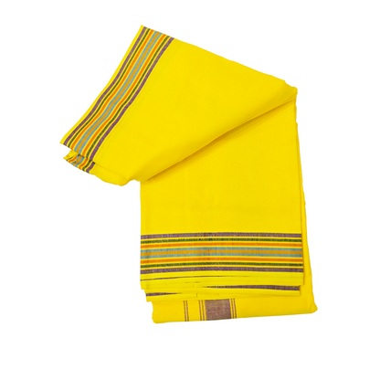 Folded yellow khadi cotton dhoti with premium woven border