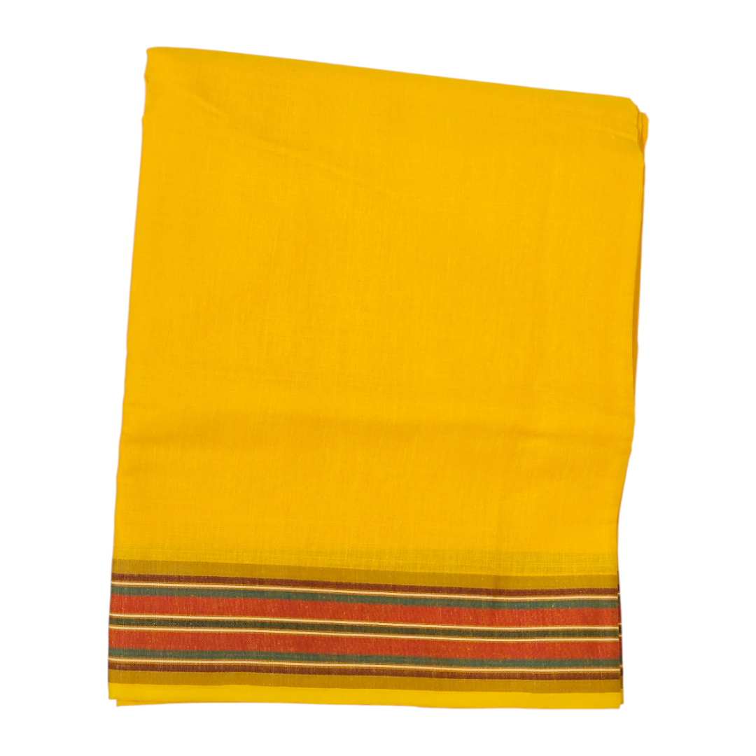 Folded yellow khadi cotton dhoti with traditional woven striped border