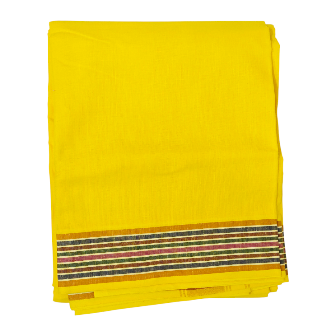 Folded yellow khadi cotton dhoti with traditional woven striped border