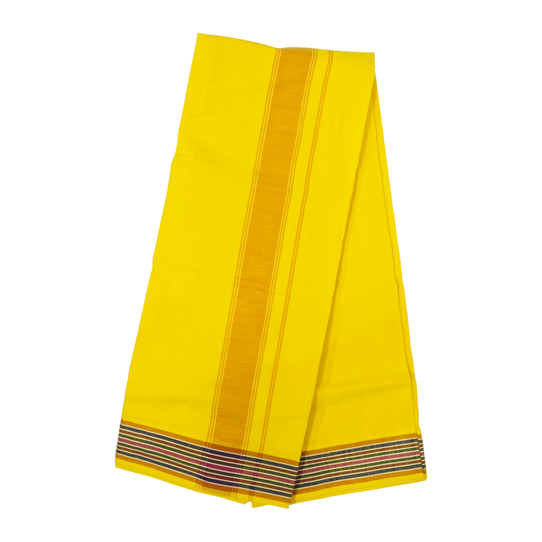 Premium yellow khadi cotton dhoti front view with multi-color striped border