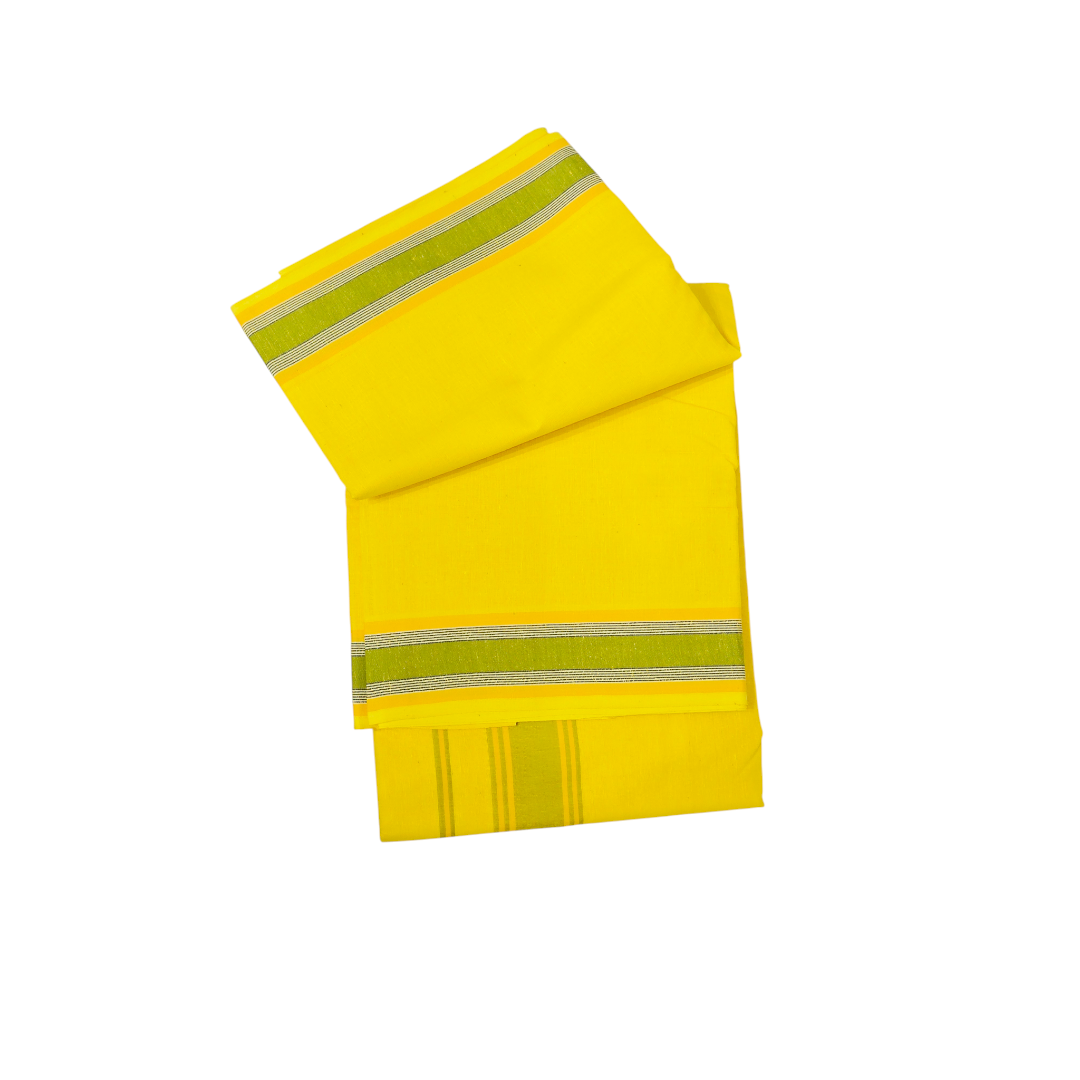 Folded yellow khadi cotton dhoti with attached gamcha detail