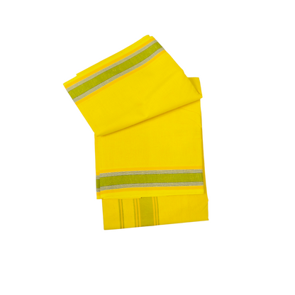 Folded yellow khadi cotton dhoti with attached gamcha detail