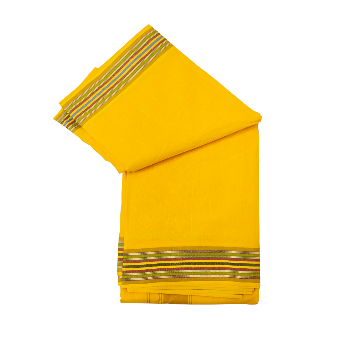Folded yellow khadi cotton dhoti with matching gamcha detail