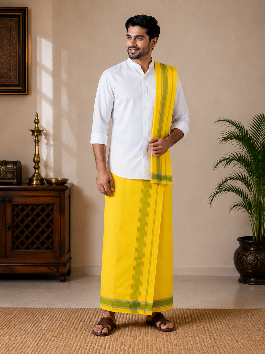 Model wearing premium yellow khadi cotton dhoti with attached gamcha set