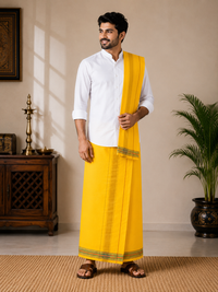 Premium Yellow Khadi Cotton Dhoti with Attached Gamcha Set | Handwoven Traditional Ethnic Wear