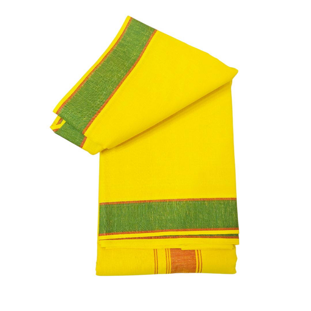 Folded yellow khadi cotton dhoti with attached gamcha and green border
