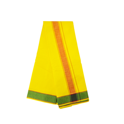 Premium yellow khadi cotton dhoti with elegant green border front view
