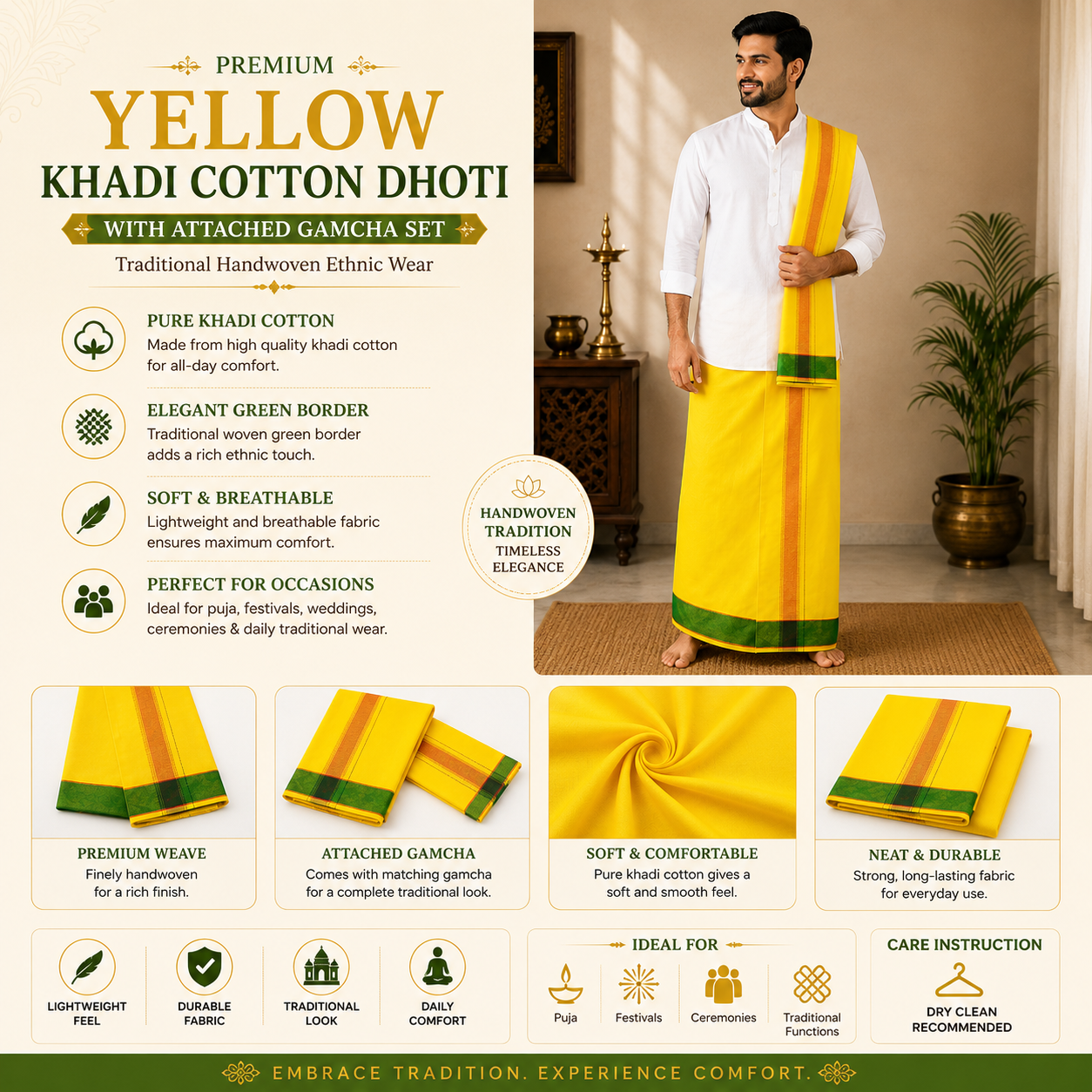 Infographic of premium yellow khadi cotton dhoti with green border and traditional features