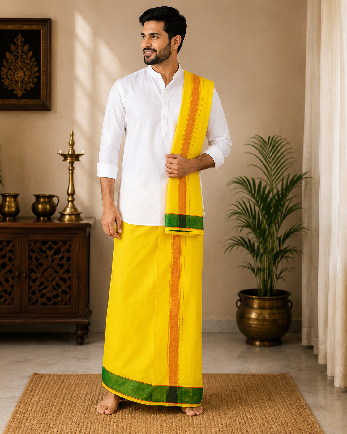 Model wearing premium yellow khadi cotton dhoti with green woven border and attached gamcha
