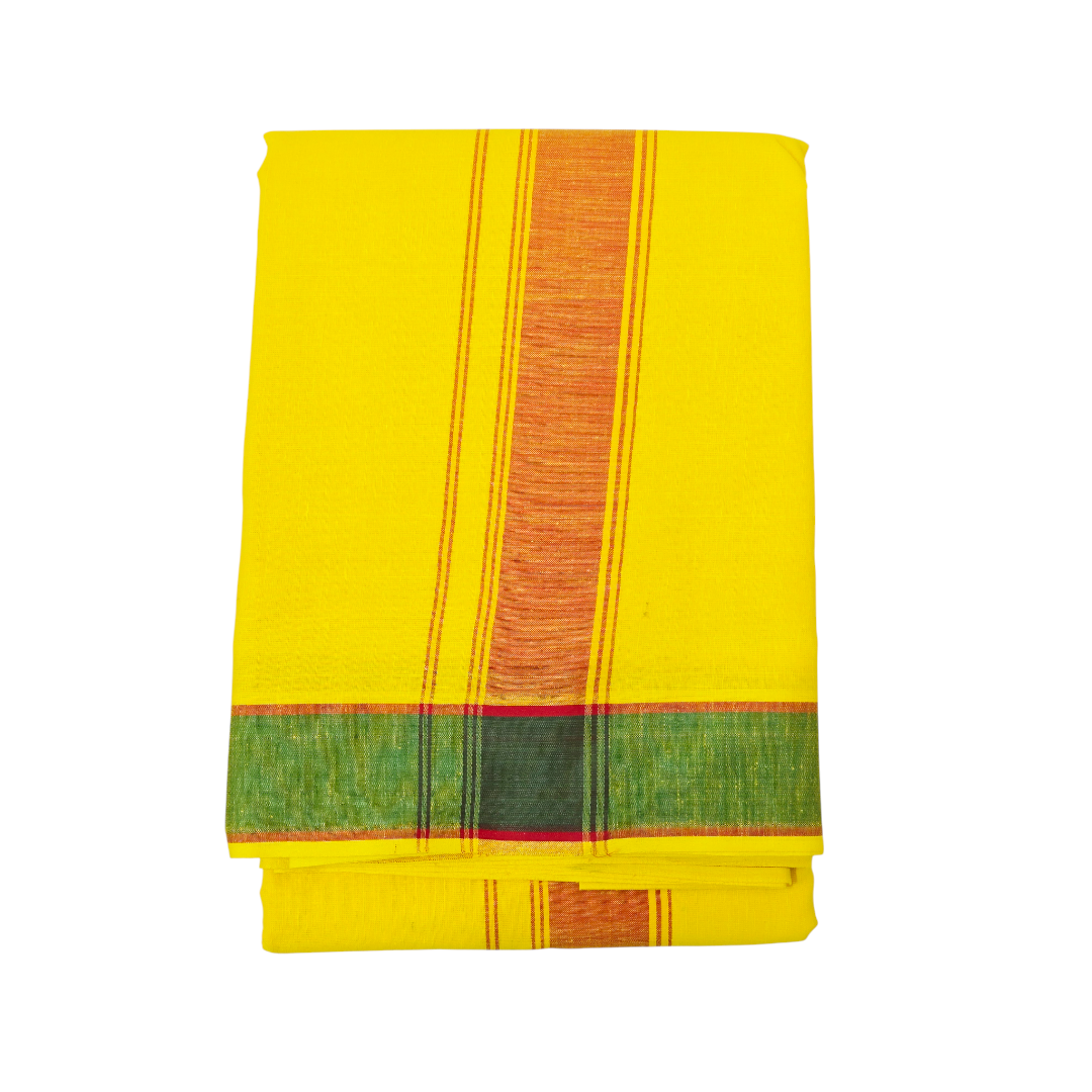 Premium yellow khadi cotton dhoti neatly folded with traditional green border