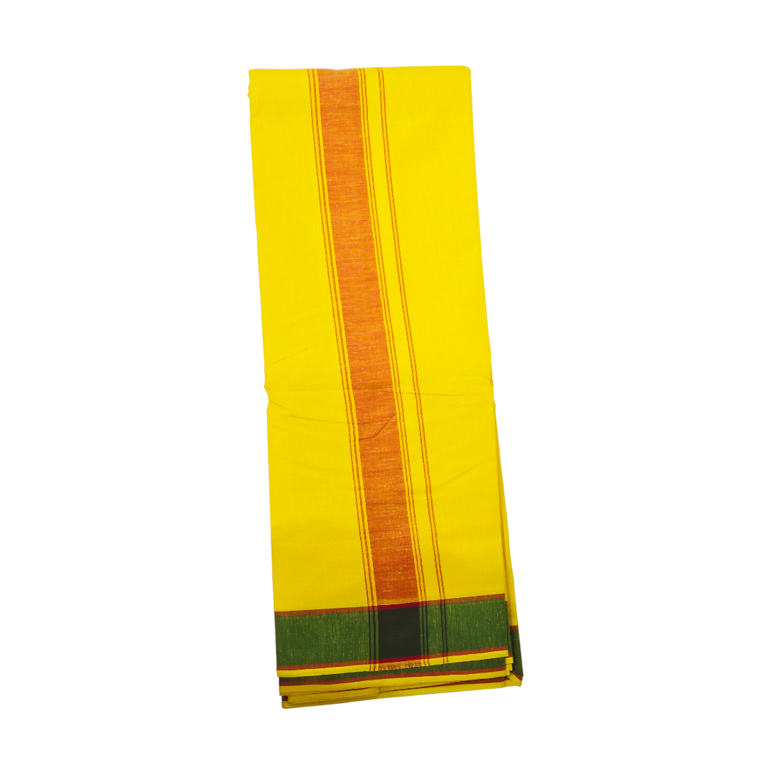 Traditional yellow khadi cotton dhoti with green woven stripe border