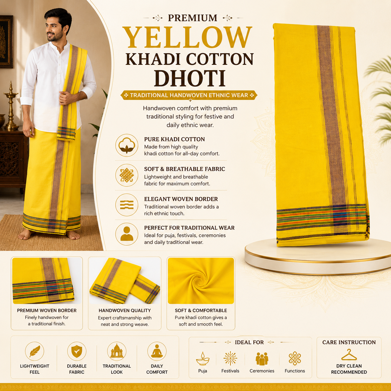 Infographic of premium yellow khadi cotton dhoti with traditional features and styling details