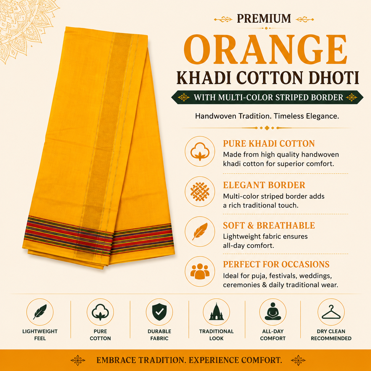 Infographic of premium yellow khadi cotton dhoti with multi-color striped border and traditional features
