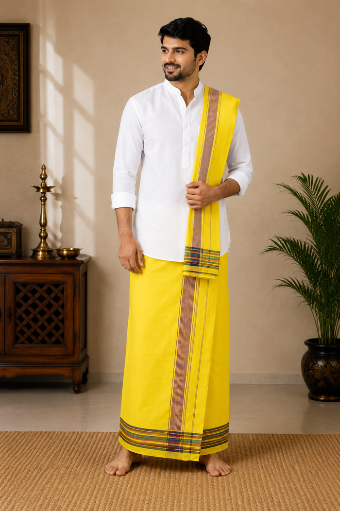 Premium Yellow Khadi Cotton Dhoti with Attached Gamcha Set | Handwoven Traditional Ethnic Wear