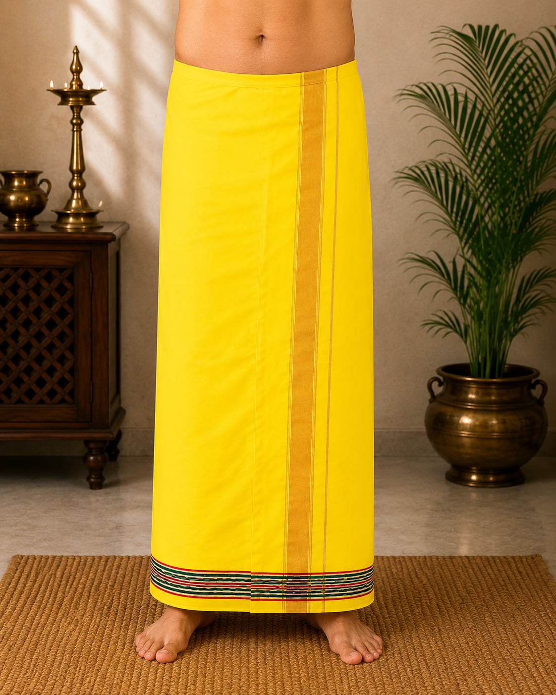 Model wearing premium yellow khadi cotton dhoti with multi-color striped border