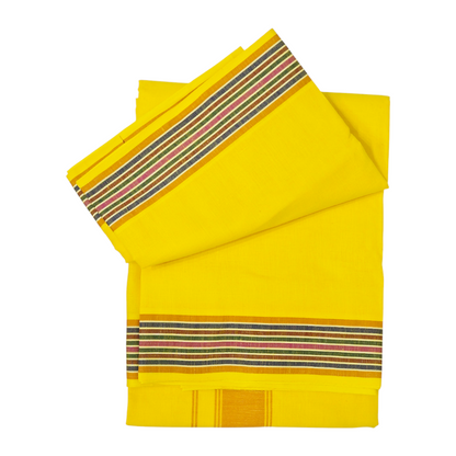 Premium yellow khadi cotton dhoti neatly folded with multi-color striped border