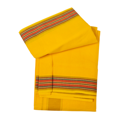 Premium yellow khadi cotton dhoti neatly folded with multi-color striped border