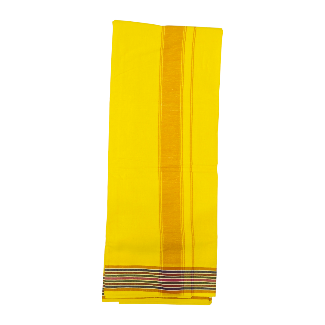 Traditional yellow khadi cotton dhoti with elegant striped border side view