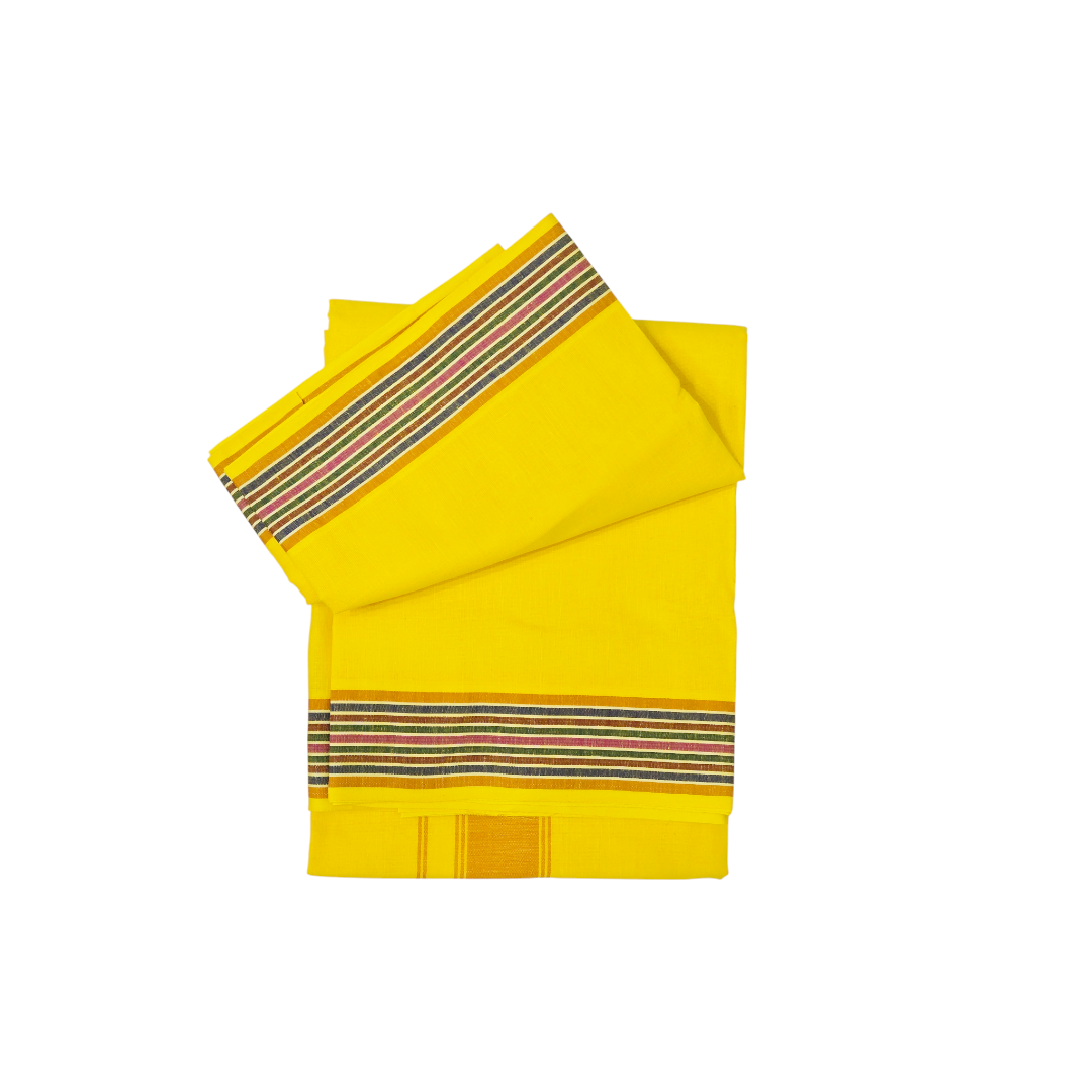 Folded yellow khadi cotton lungi with traditional woven border