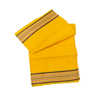 Folded yellow khadi cotton lungi with multi-color woven border