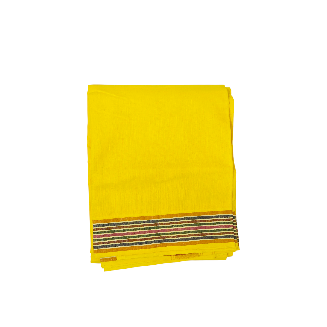 Traditional yellow khadi cotton lungi with multi-color woven border