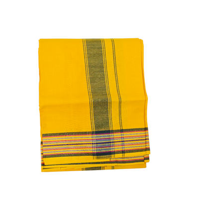Premium yellow khadi cotton lungi folded neatly with textured stripe detail