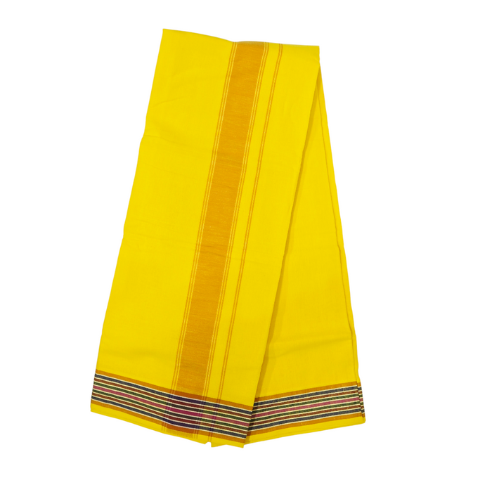 Premium Yellow Khadi Cotton Lungi with Bronze Vertical Stripe & Multi-Color Border | Traditional Handwoven Wear