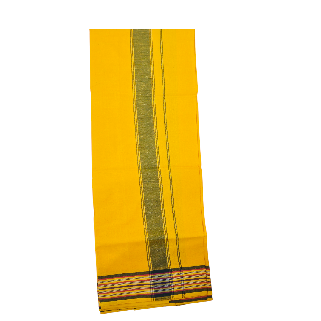 Traditional yellow khadi cotton lungi with woven border and textured stripe