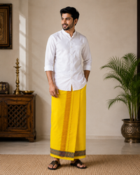 Premium Yellow Khadi Cotton Lungi with Dark Textured Stripe & Multi-Color Border | Traditional Handwoven Wear