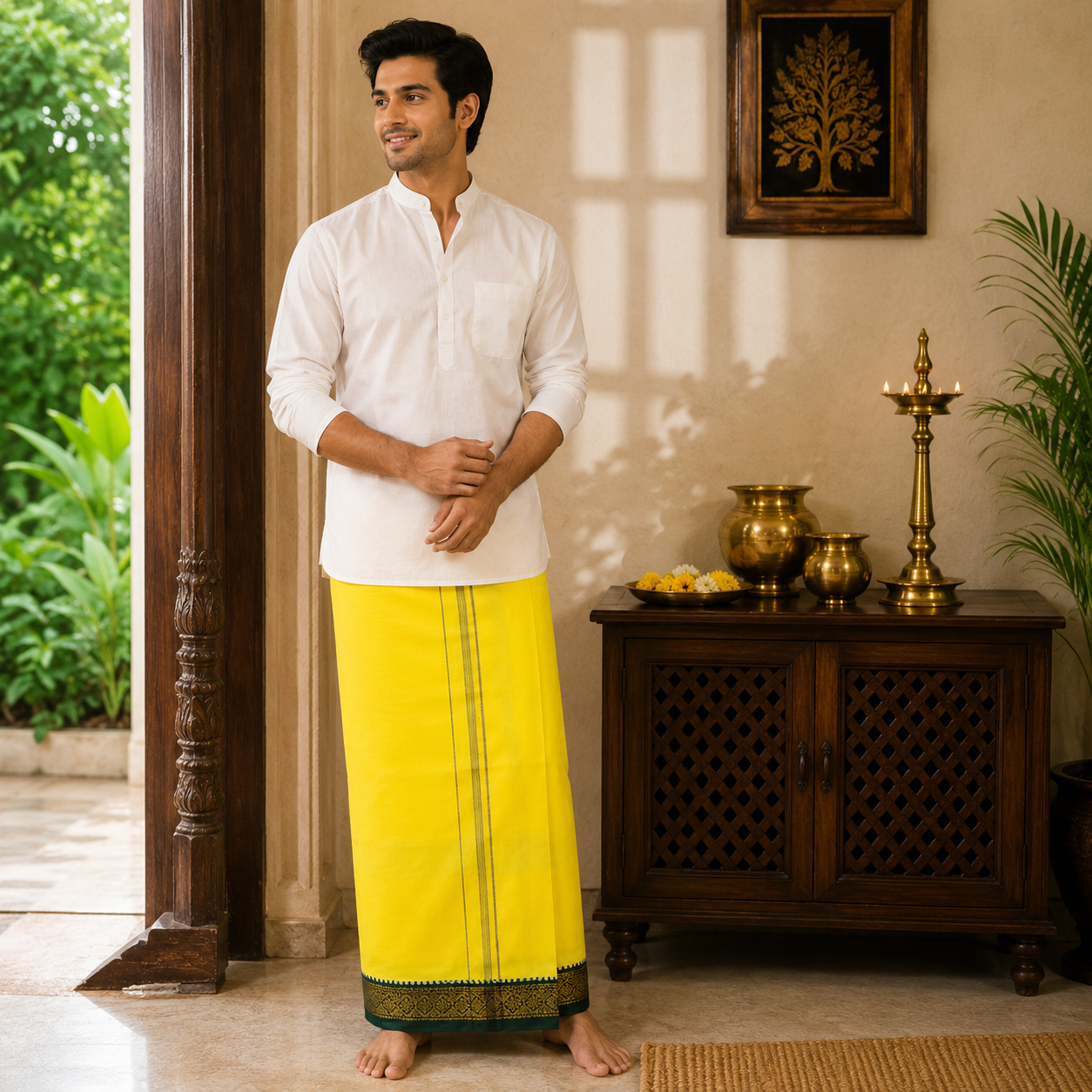 Premium yellow khadi cotton dhoti with dark green and gold zari border