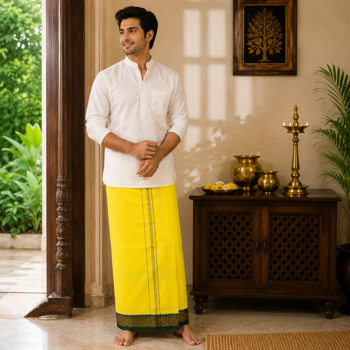 Premium Yellow Khadi Cotton Dhoti with Dark Green & Gold Zari Border | Handwoven Traditional Ethnic Wear