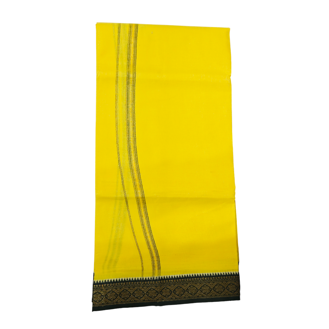 Folded yellow khadi cotton dhoti with dark green zari woven border
