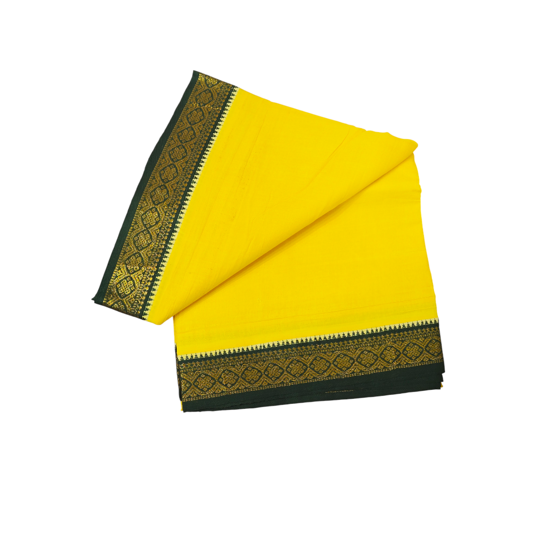 Infographic of premium yellow khadi cotton dhoti with dark green and gold zari border