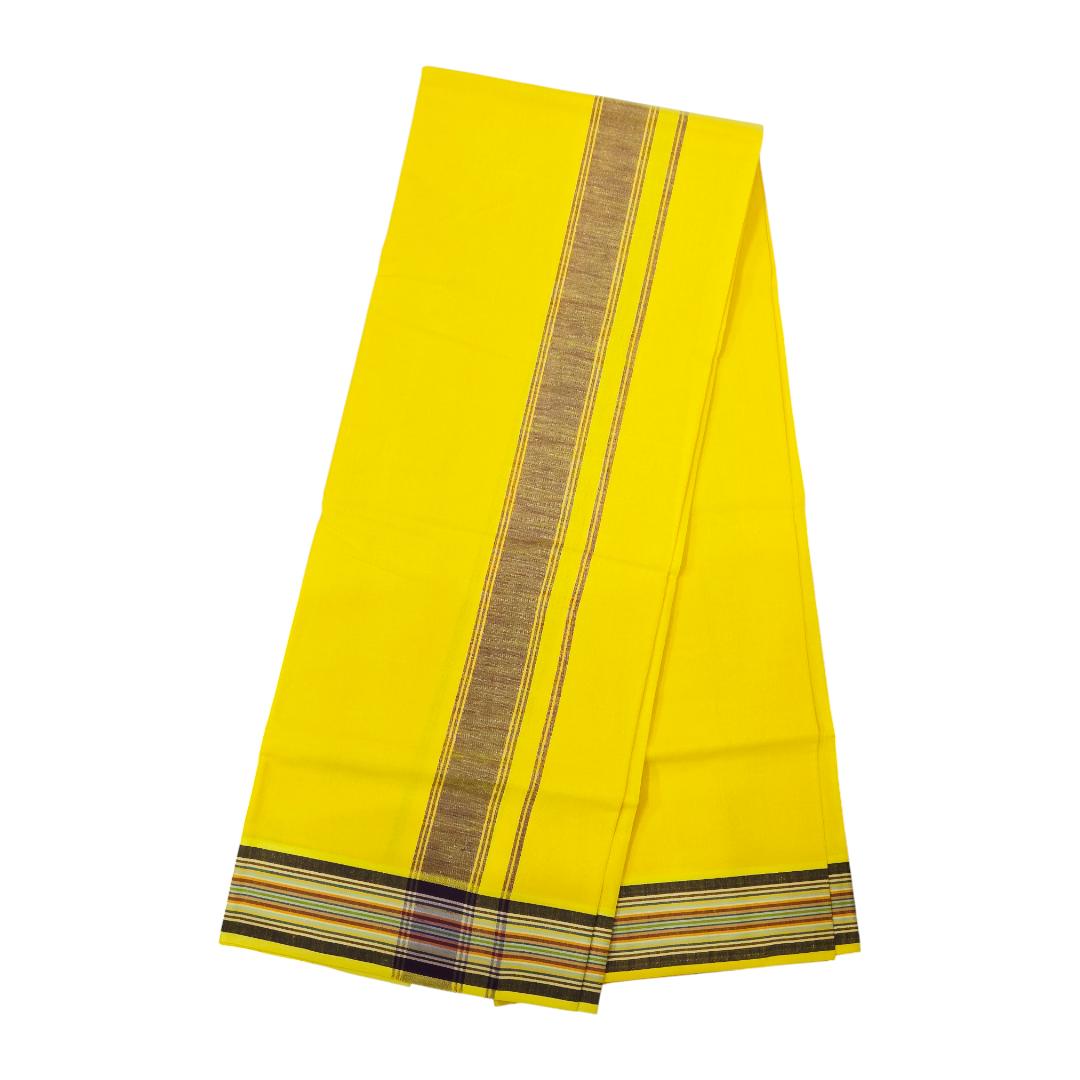 Premium bright yellow khadi cotton dhoti front view with black and gold zari border