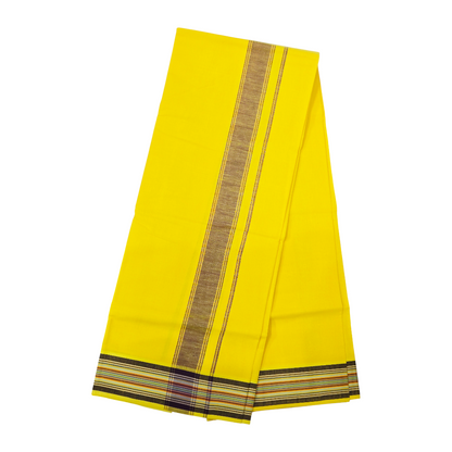 Premium bright yellow khadi cotton dhoti front view with black and gold zari border