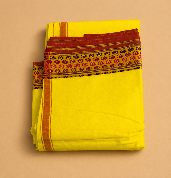 Adhunik Swadeshi Bhandar Yellow Cotton Dhoti Set with Angavastram | Traditional Pooja & Festive Wear