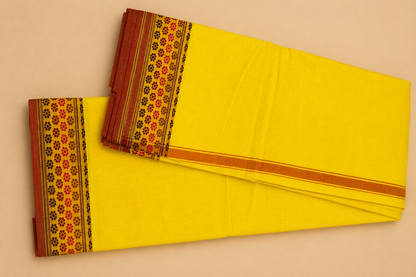 Yellow traditional cotton dhoti and angavastram full folded display with ethnic border